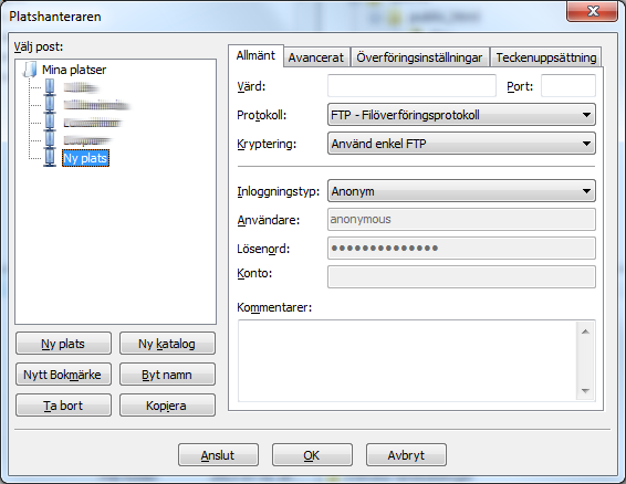 Skapa en ny plats i FileZilla Skapa en ny plats i FileZilla